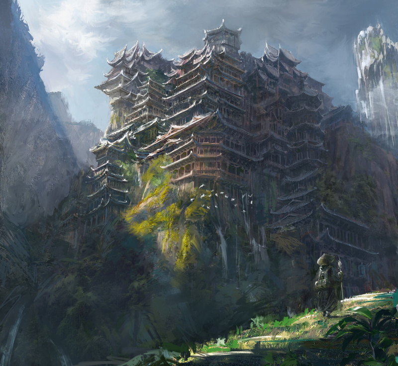 fantasy art, digital art, artwork, 1080P, building, Shoichi Sugano, city, nature