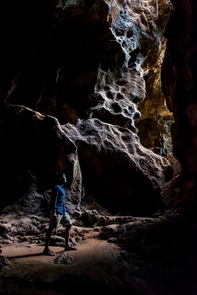 full length, casual clothing, blue, men, portrait, shirt, sun, rock formation, man, dress, 4K, batcave, standing, wild, solid, outdoors, bat, lombok, vacations