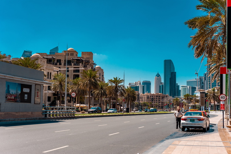 land vehicle, office building exterior, skyscraper, building exterior, muslims, sky, architecture, dubai, building, car, arab, city, 4K, taxi, motor vehicle