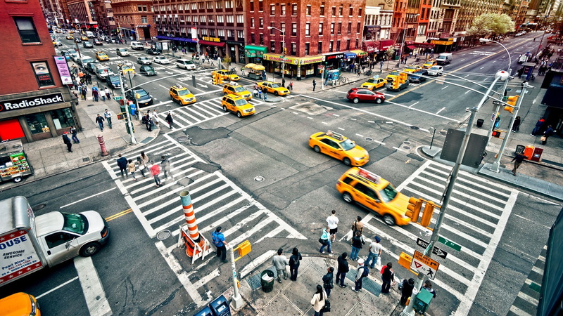 crosswalk, transportation, city architecture cityscape new york city usa building car street urban new york taxi taxi people crowds crossroads, high angle view