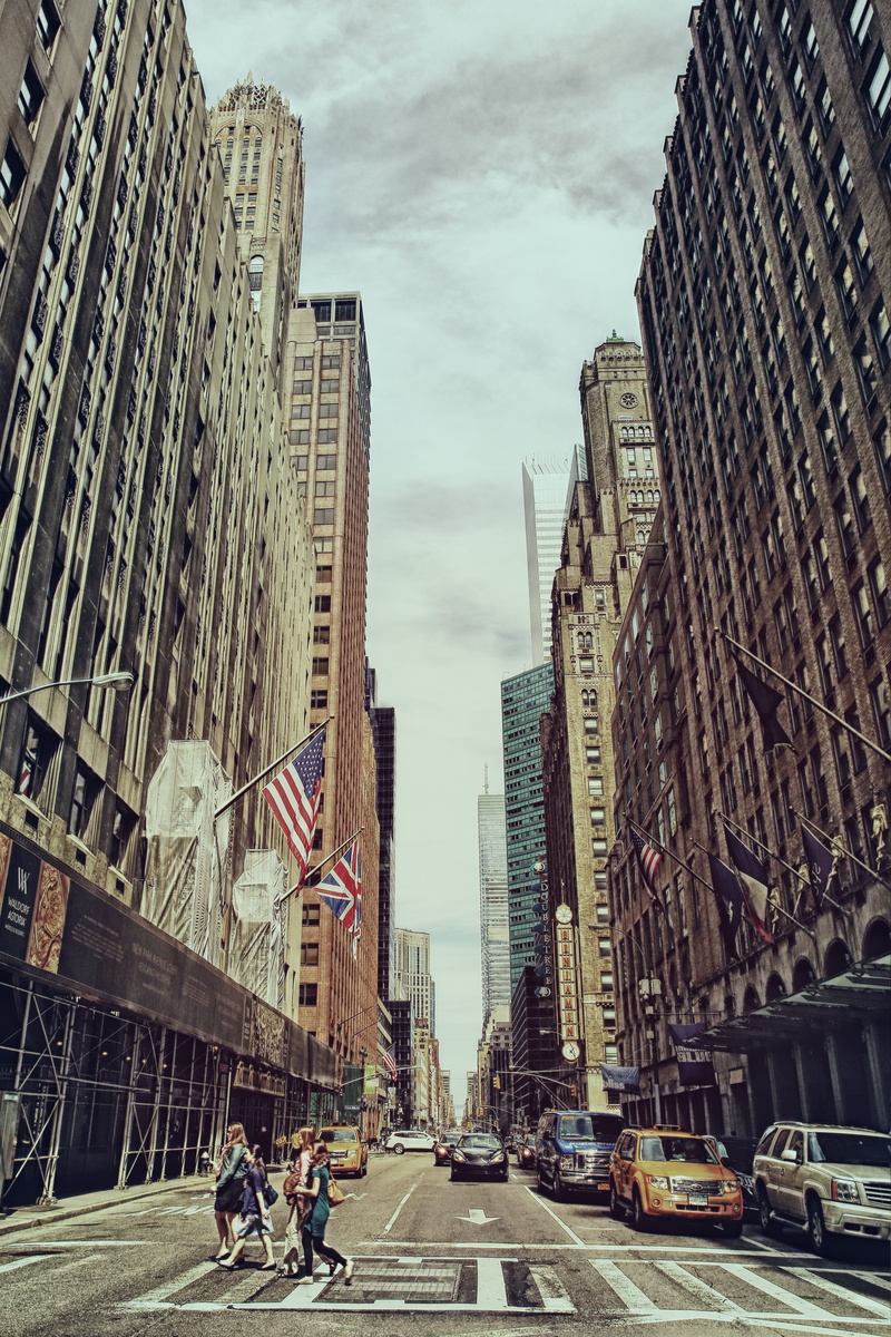 city street, built Structure, transportation, people, tall - high, sky, modern, skyscraper, land vehicle, financial district, manhattan - New York City