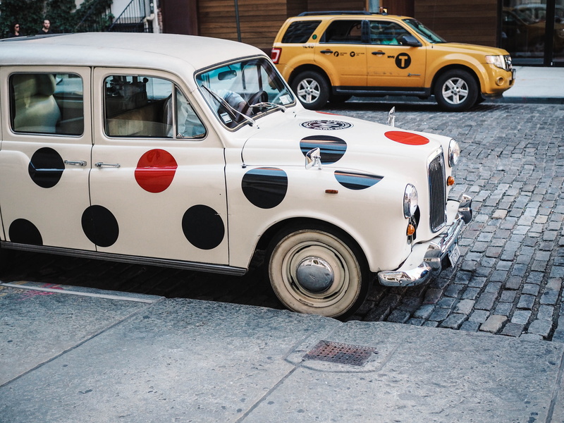 motor vehicle, day, nyc, new york, stationary, mode of transportation, parked car, retro styled, road, polka dot, no people, footpath, land vehicle, driver