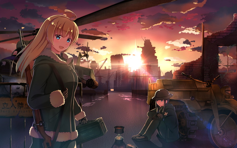 lifestyles, anime girls, one person, sky, leisure activity, Chito (Shoujo Shuumatsu Ryokou), side view, three quarter length, built structure, Shoujo Shuumatsu Ryokou