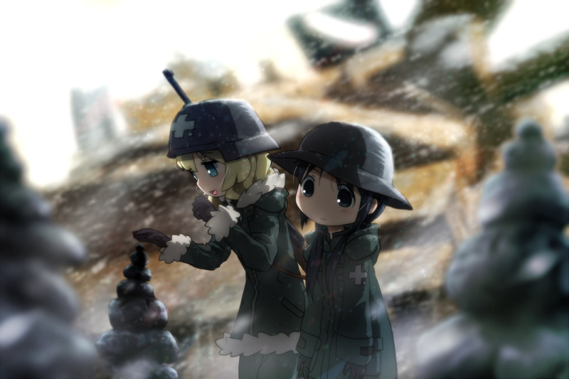 still life, government, representation, Yuuri (Shoujo Shuumatsu Ryokou), nature, day, Chito (Shoujo Shuumatsu Ryokou), snow, focus on foreground, armed forces