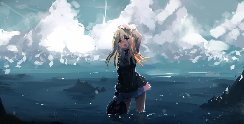 leisure activity, adult, fashion, long hair, real people, water, digital composite, Shoujo Shuumatsu Ryokou, outdoors, front view, hair, one person, hairstyle