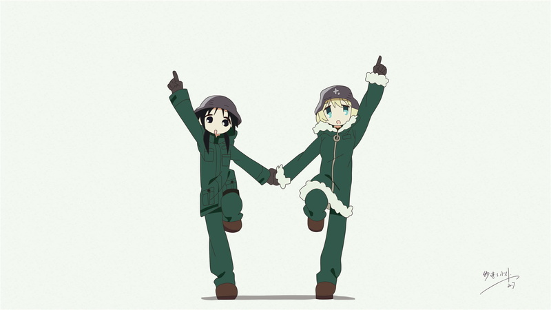 togetherness, Girls Last Tour, studio shot, white background, two people, copy space, male likeness, Chito (Girls Last Tour), Anime, celebration, creativity