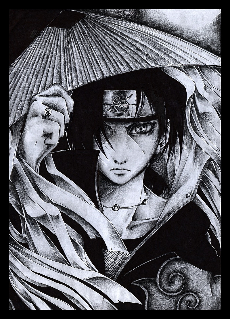 Uchiha Itachi, drawing, Akatsuki, Naruto Shippuuden, 720P, monochrome