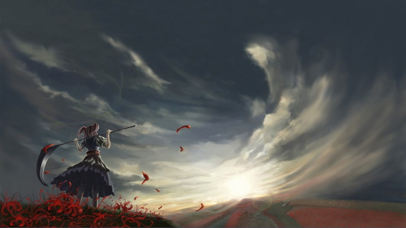 720P, sunrise, sky, scythe, Gir, drawing, Touhou, field, anime girls, ponytail, anime, Onozuka Komachi, twintails, dress, clouds