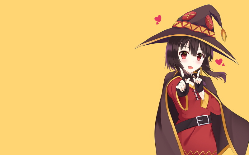 clothing, studio shot, witch, moe, copy space, lifestyles, colored background, 1080P, indoors, cape, halloween, costume, one person, konosuba, yellow