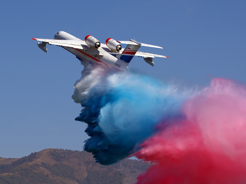 mountain, speed, plane, nature, Beriev, transportation, be-200, aircraft, fighter plane, fire, aerospace industry, vapor trail, airshow, clear sky, 1080P