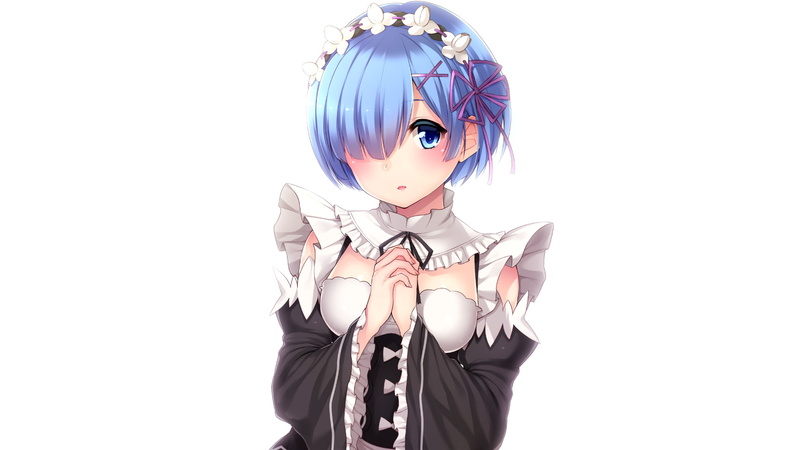 white background, young adult, Re:Zero Kara Hajimeru Isekai Seikatsu, fashion, Rem, copy space, holding, Anime, beauty, moe, waist up, one person, studio shot