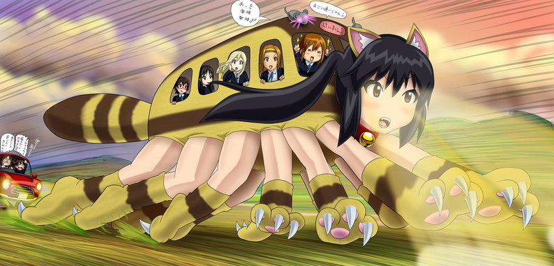 parody, animal ears, arts culture and entertainment, dark hair, Nakano Azusa, digital composite, focus on foreground, Kotobuki Tsumugi, illuminated, anime girls