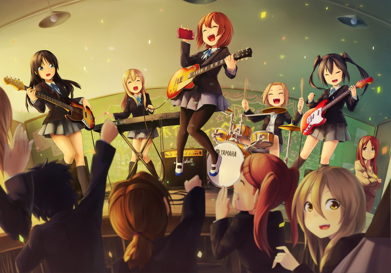 musical instrument, Hirasawa Yui, people, 2K, representation, artist, indoors, playing, Akiyama Mio, music, enjoyment, event, performance, celebration