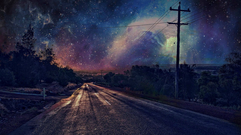 utility pole, power lines, night, stars, 1080P, road