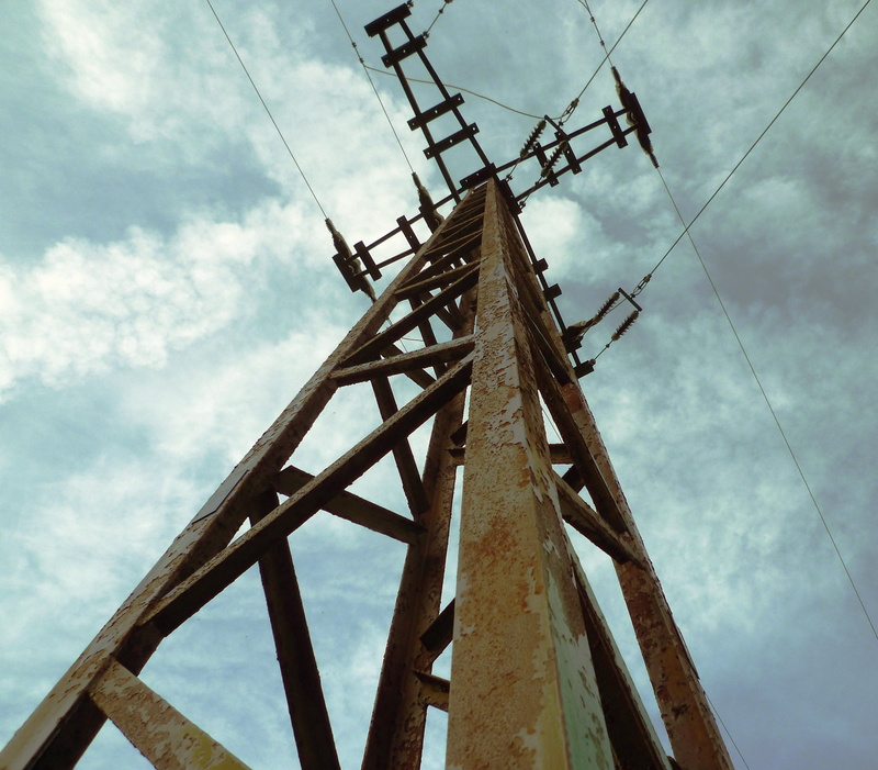 clouds, cable, technology, low angle view, electricity pylon, blue, outdoors, fuel and power generation, steel, architecture, cloud - sky, metal, power line
