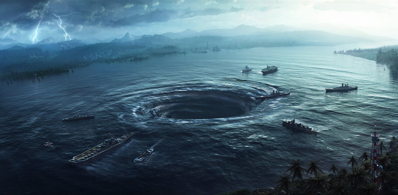 2K, idyllic, apocalyptic, sky, non-urban scene, outdoors, mountain, day, beauty in nature, sea, digital art, water, no people, tranquility, tranquil scene
