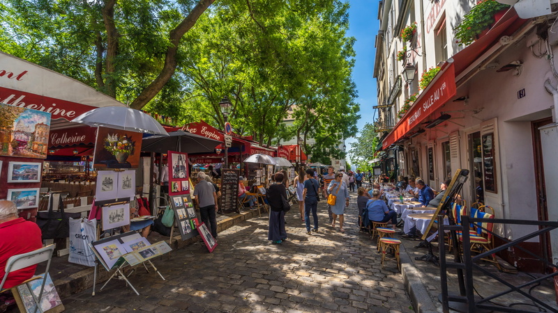 fummer, france, street market, retail, cobble, street, vibrant, parisfrance, market, paris, city, plant, paintings, restaurant, artists, group of people