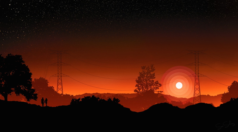 floral, idyllic, tree, scenics - nature, silhouette, cable, outdoors, electricity pylon, beauty in nature, sunset, tranquility, black, electricity, orange color