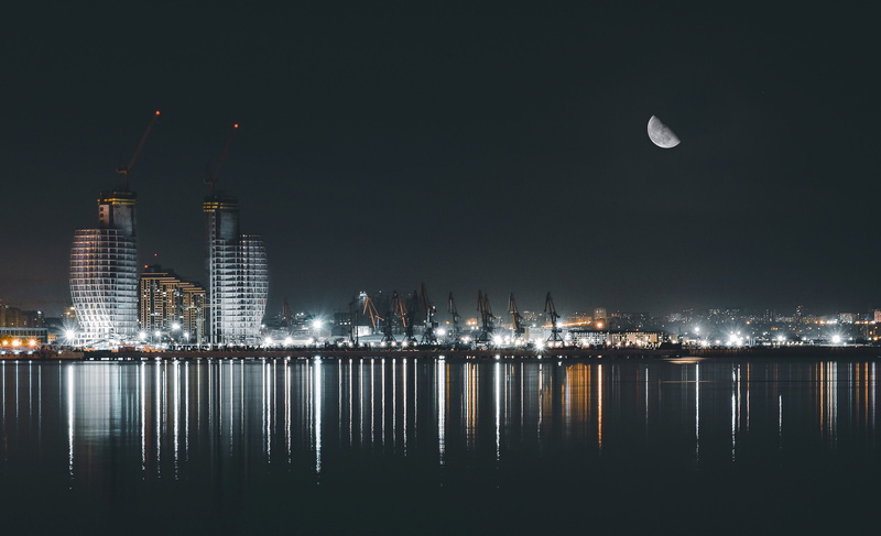 waterfront, full moon, office building exterior, azarbaijan, sea, financial district, metropolis, built structure, reflection, night, skyscraper, water