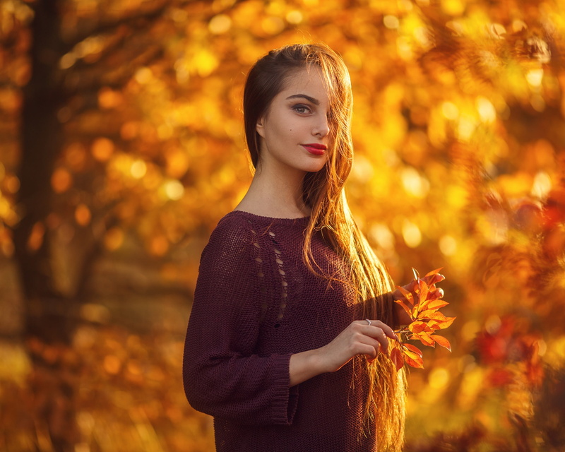 young adult, sweater, bokeh, fall, one person, smiling, beauty, outdoors, sunset, brunette, nature, red lipstick, looking at camera, tree, leisure activity