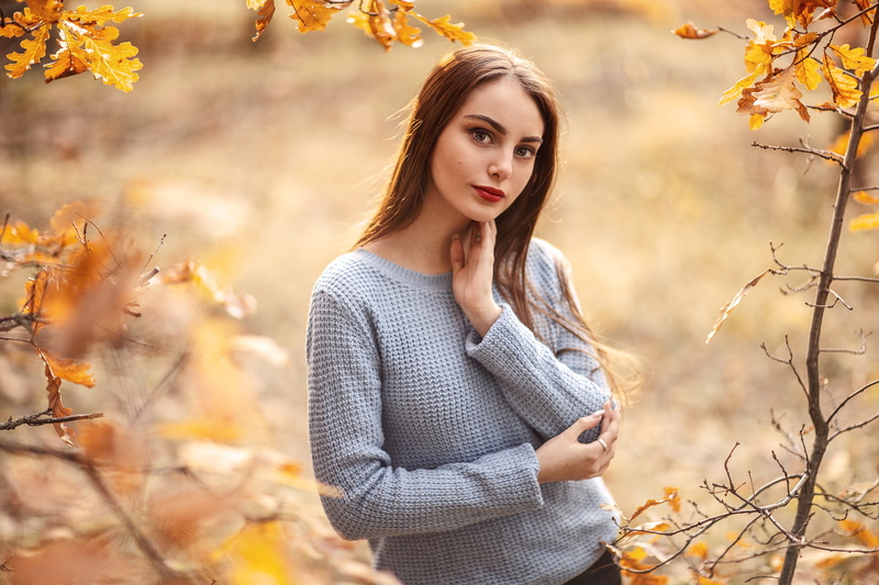 women outdoors, bokeh, leaves, portrait, 2K, model, women, sweater, depth of field, brunette, grey sweater, fall, Sergey Sorokin, outdoors, branch, forest
