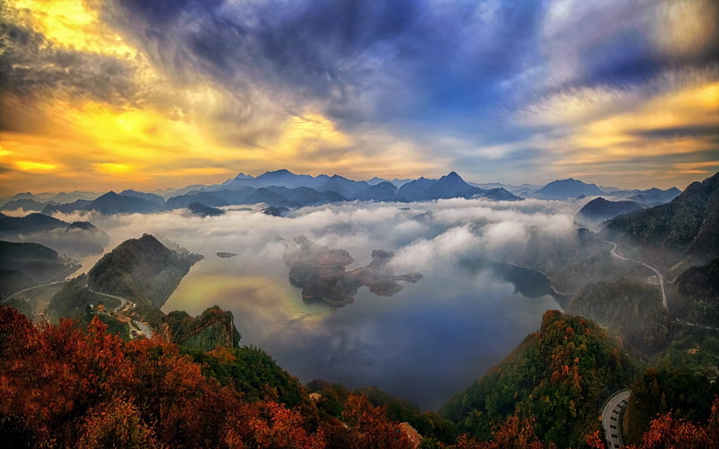 fall, nature, sunrise, 720P, mist, stratus, mountain, sky, korea, water, morning, south, clouds, landscape, lake