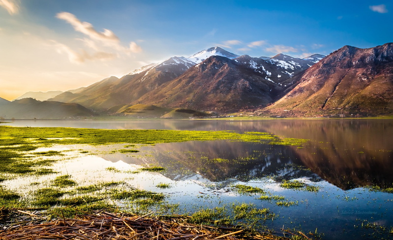 sunlight, landscape, nature, peak, background, calm, 1080P, water, reeds, lake, snowy, snowy peak, mountain, body, reflection