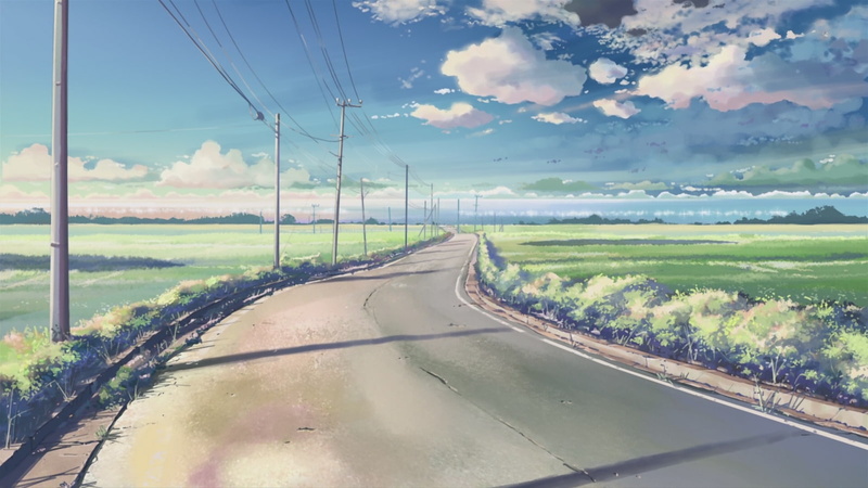 clouds, 5 Centimeters Per Second, Makoto Shinkai, road, sunlight, anime, power lines, 720P