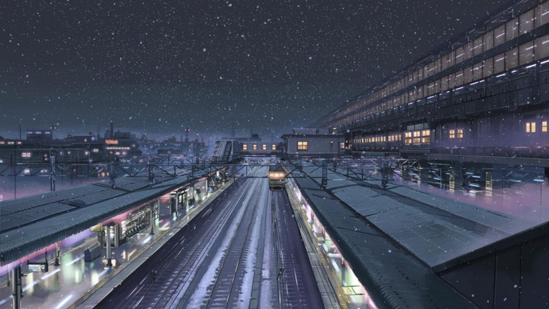 Makoto Shinkai, snow, 720P, train station, night, winter, 5 Centimeters Per Second