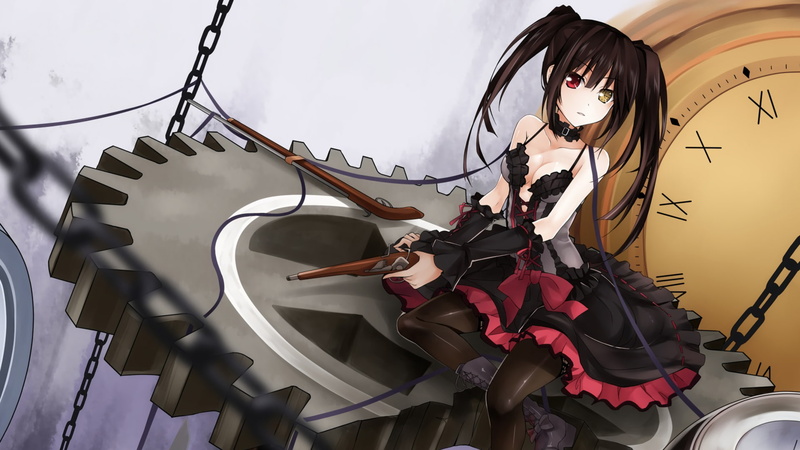 clocks, manga, dress, Tokisaki Kurumi, artwork, gun, boots, anime girls, long hair, 1080P, weapon, anime, Date A Live, cleavage