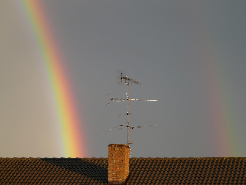 natural spectacle, phenomenon, sunshine, building, Double Rainbow, ray, multi colored, antenna - aerial, architecture, refraction, 2K, clouds, built structure