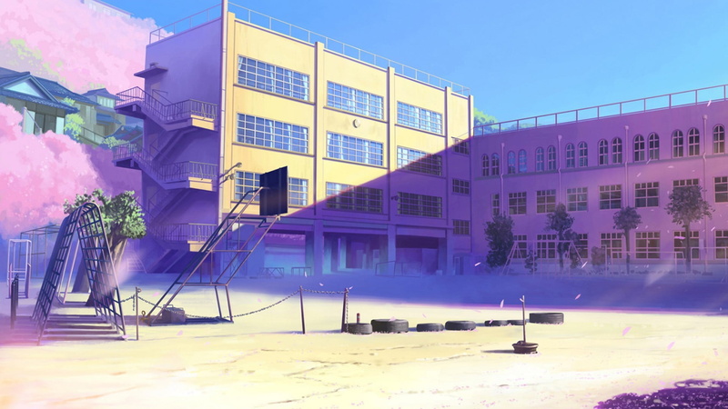 city, 5 Centimeters Per Second, window, staircase, glass - material, sunlight, summer, built structure, plant, anime, blue, nature, illustration, concrete