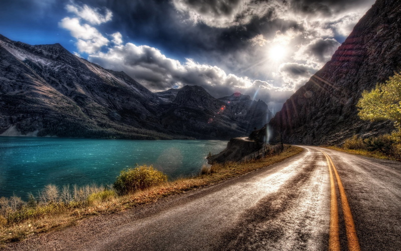 lake, scenics - nature, nature, mountain, beauty in nature, transportation, non-urban scene, road, 2K, direction, no people, tranquility, asphalt, water