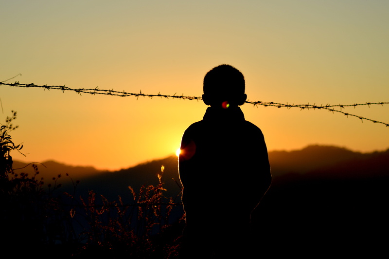 one person, backlit, orange color, near, silhouettes, outdoors, barbed wire, dawn, boy, dusk, land, scenic, leisure activity, peaceful, wire, tranquil