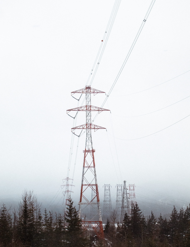 nature, pylon, 5K, power Line, no people, power, communication, tree, trees, sky, fog, electric, cable, plant, Stand Out, surrounded, steel, electricity