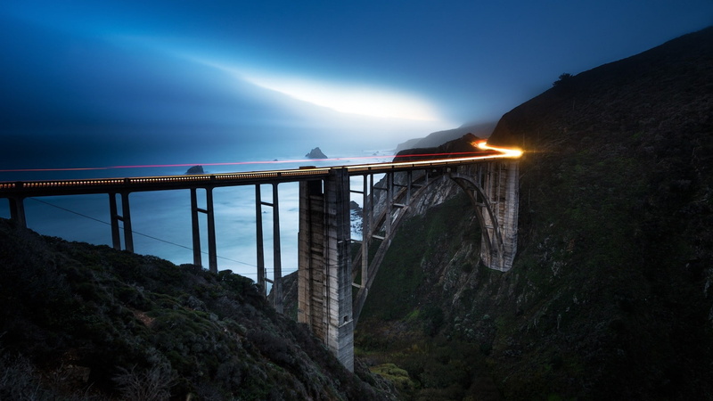 sea, architecture, night, sky, beauty in nature, mountain, outdoors, power in nature, illuminated, motion blur, bridge, 1080P, building exterior, long exposure