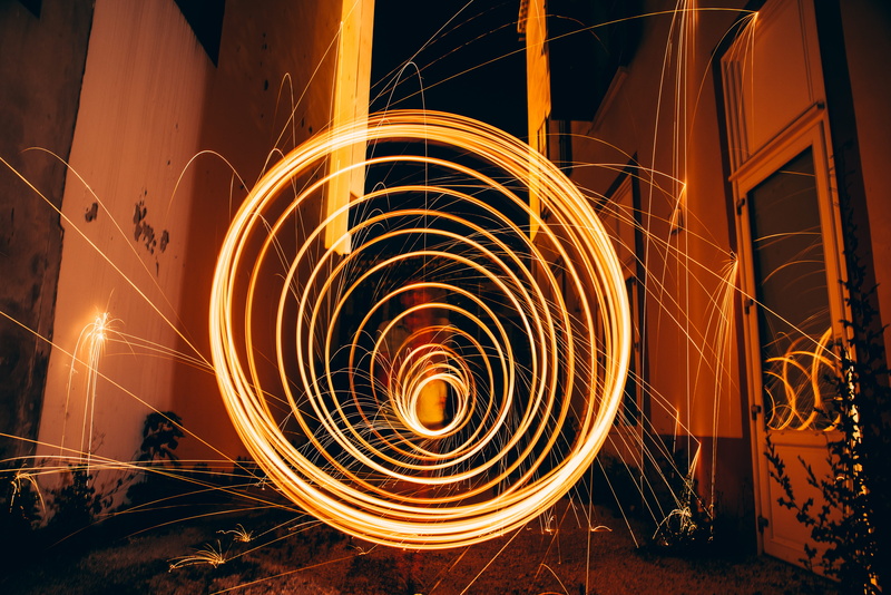 Neon light, pattern, glowing, abstract, outdoors, wire wool, spinning, spiral, blurred motion, neon, fireworks, light, firework, brown, 5K, design, orange color