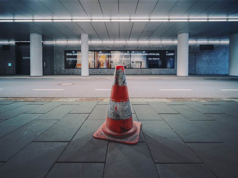 security, ceiling, urban, protection, direction, indoors, street, illuminated, architecture, red, architectural column, safety, tiled floor, flooring, day