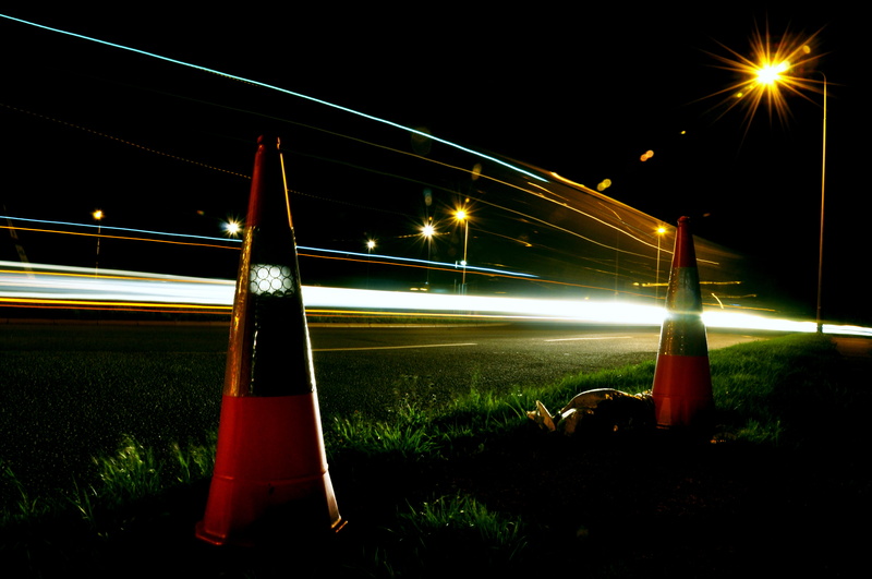 cone, cones, car, illuminated, long exposure, light - natural phenomenon, no people, sky, cars, motion, lights, connection, outdoors, blurred motion, united kingdom