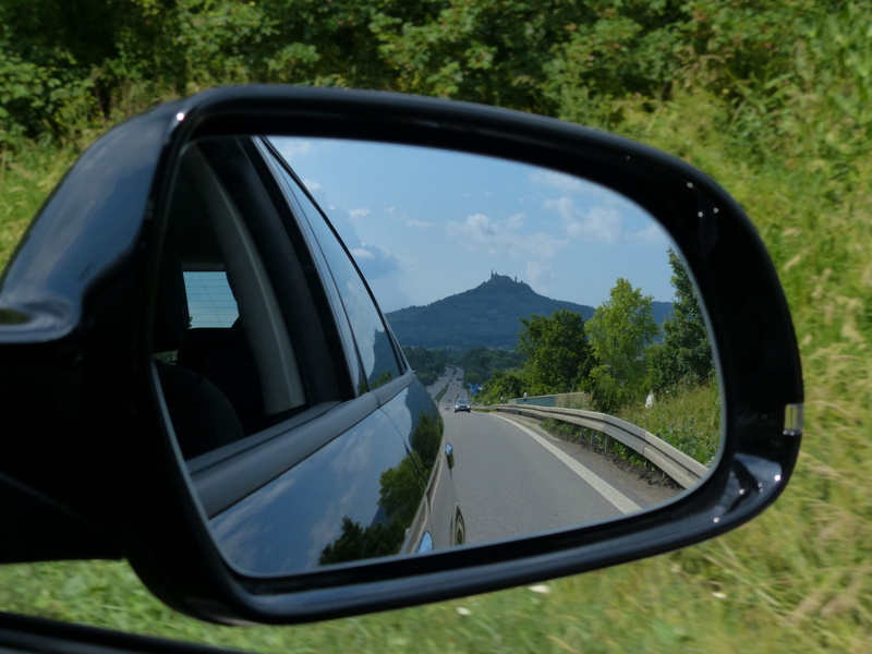 mirrors, reflection, ancestral castle, hohenzollern castle, imperial house of hohenzollern, road trip, trees, highway, tree, castle, driving a car, vehicle