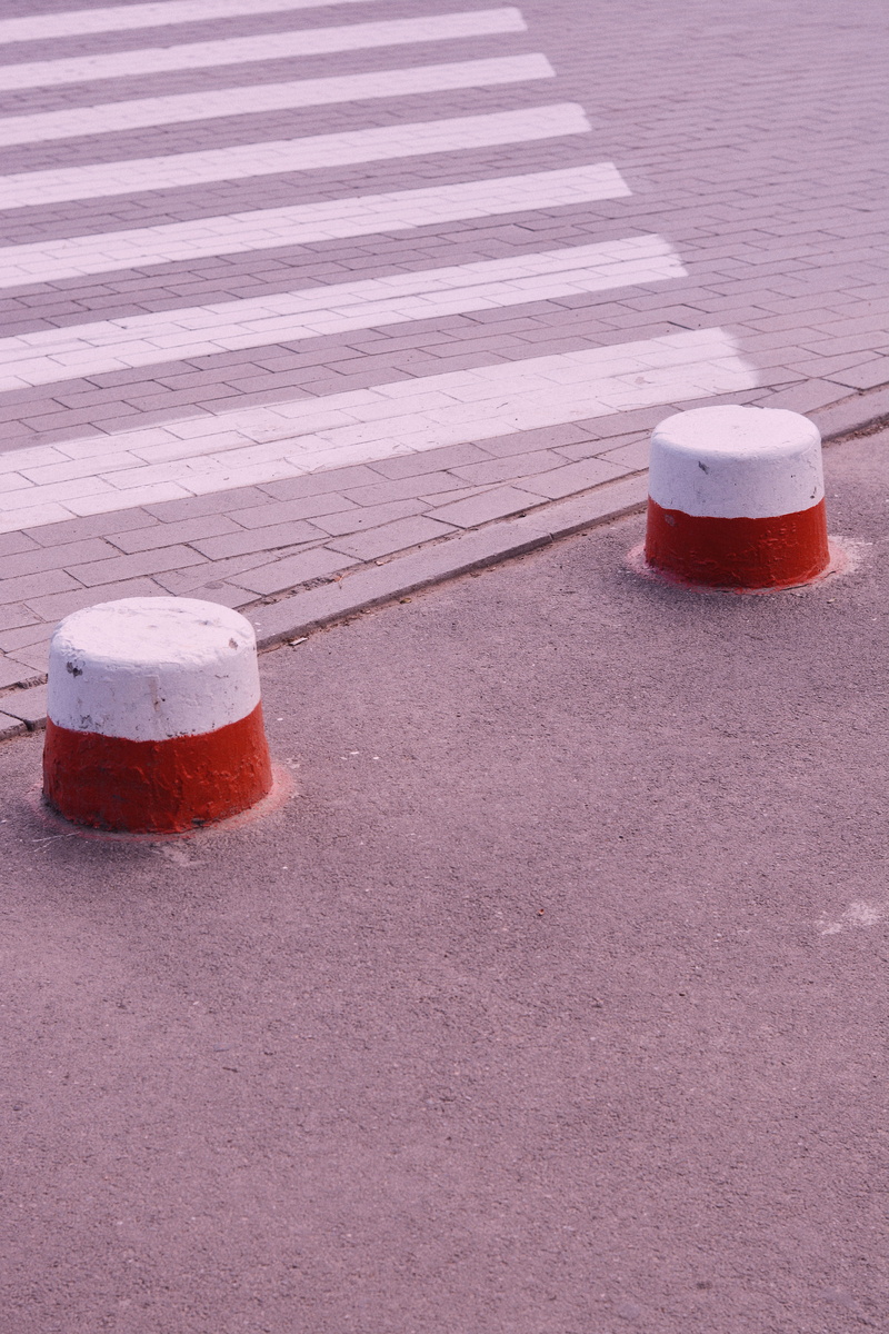 winter, urban, cone, road, sign, white color, city, background, outdoors, cold temperature, day, red, protection, snow, no people, minimalistic