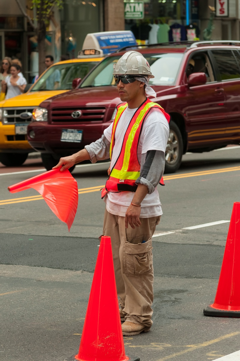 day, real people, 4K, one person, car, motor vehicle, workman, street, man, men, cone, outdoors, traffic cone, protection, new york, mode of transportation
