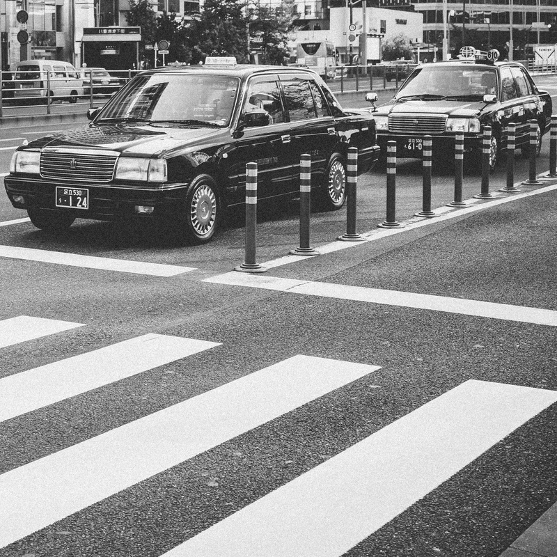 day, zebra crossing, stationed, traffic, street photography, behind, asphalt, two, road, line, monochrome, sedan, sign, street, building exterior, crossing