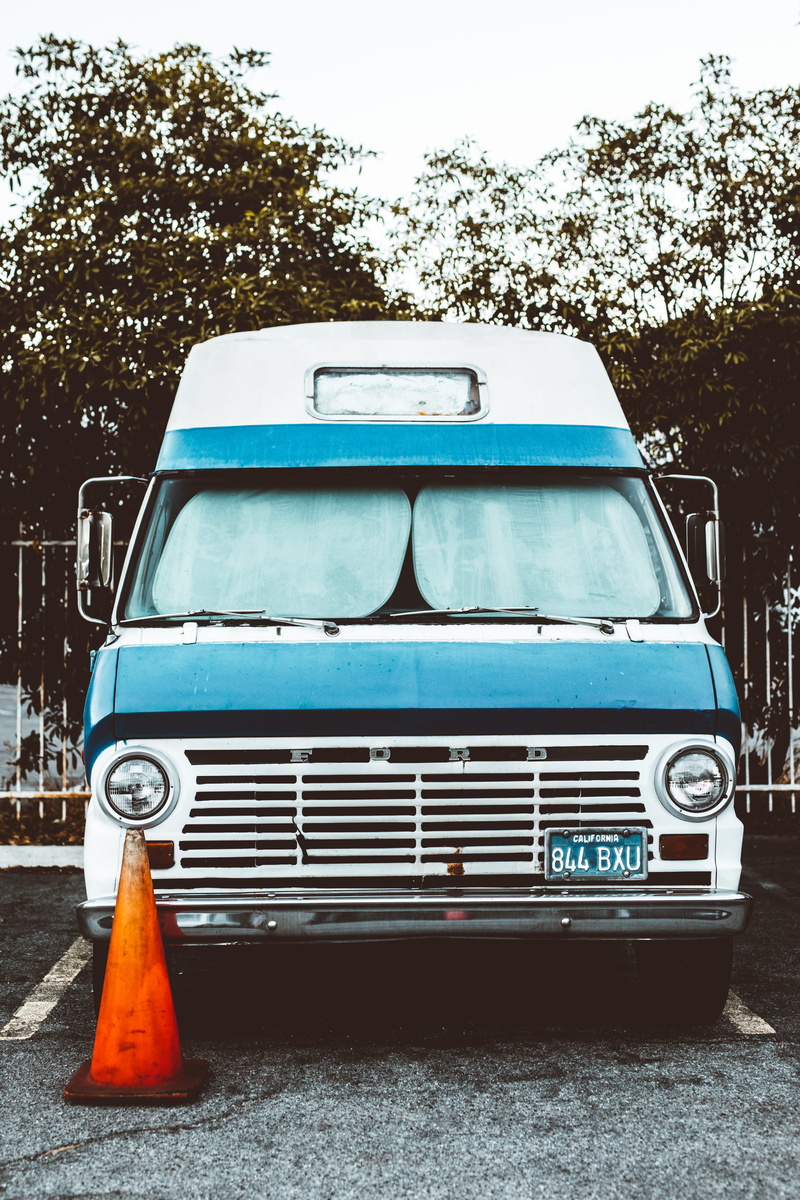 blue van, headlight, camper, beside, retro Styled, no People, van, outdoors, cone, 5K, camping, bus, parking space, front View, blue, classic, truck, west hollywood