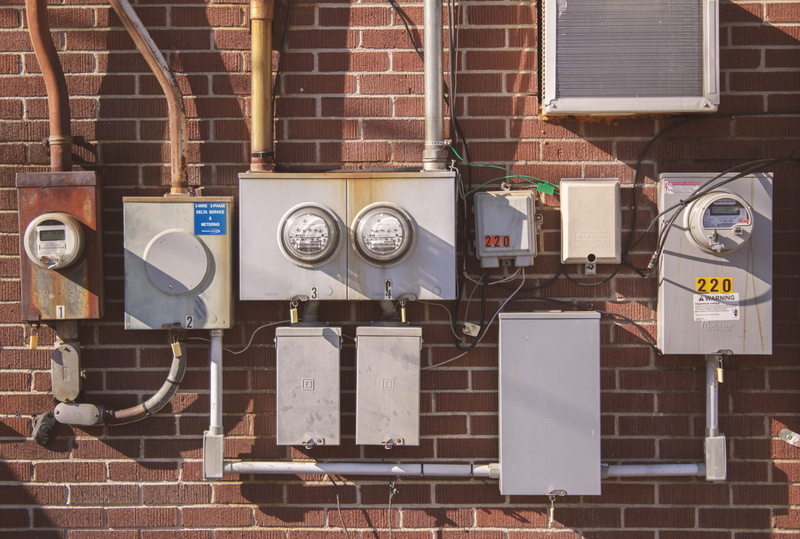 electricity, machinery, brick, boxes, wiring, wires, pattern, day, cords, power supply, lines, alley, city, 5K, circles, technology, wall - building feature