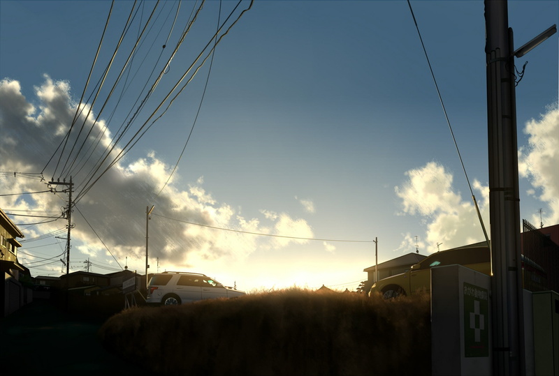 power lines, 1080P, clouds, car, sky