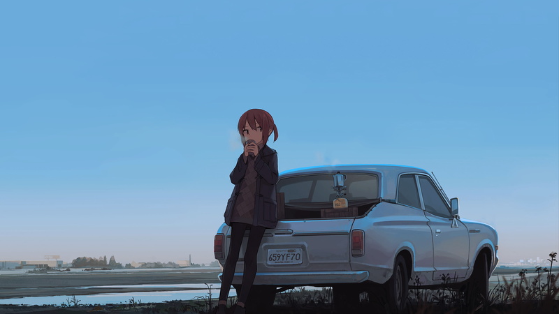 2K, young adult, young women, women, standing, car, clear sky, contemplation, original characters, transportation, motor vehicle, anime girls, land vehicle