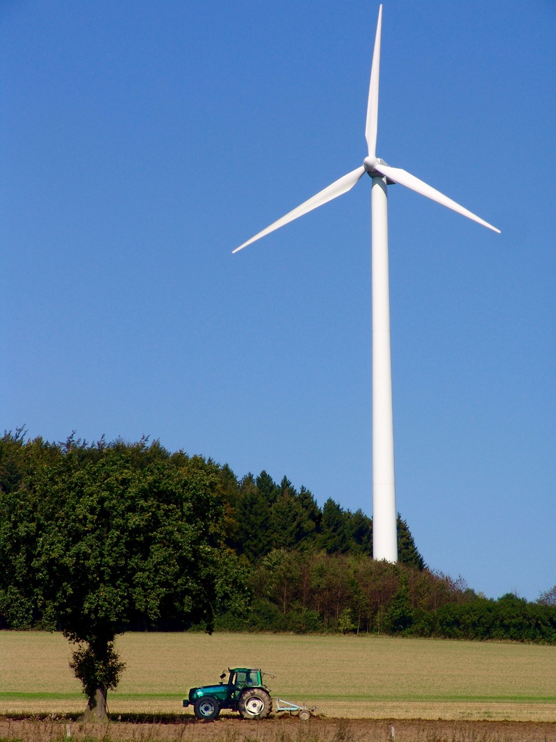 field, rural scene, sustainable resources, green, sky, wind turbine, daytime, nature, clear sky, landscape, wind power, environmental conservation, fuel and power generation