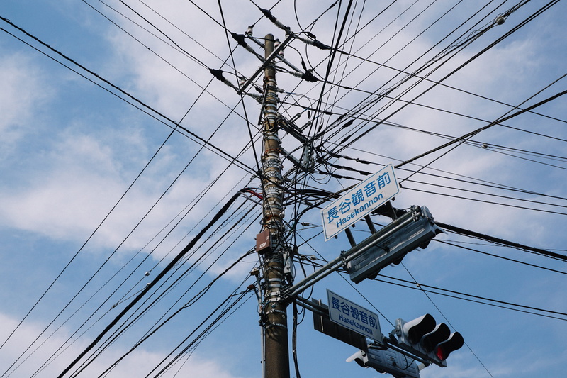 telephone line, japan, cable, road sign, urban, tangled, kamakura, sky, traffic light, nature, cloud - sky, connection, electrical equipment, 5K, electricity
