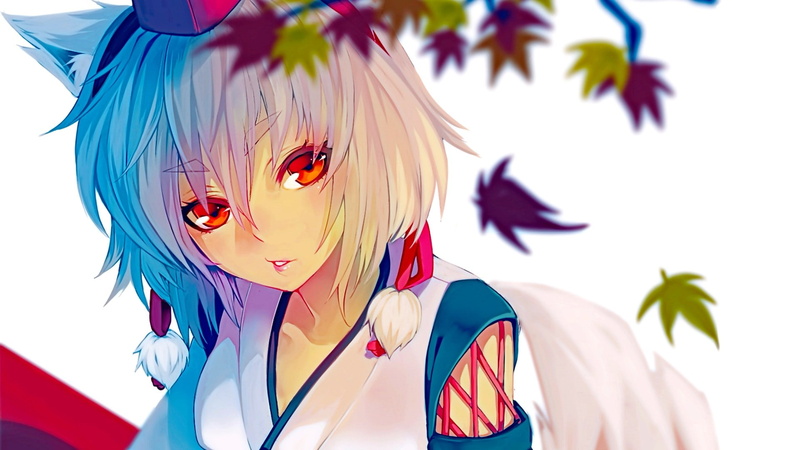 anime girls, Inubashiri Momiji, red eyes, Touhou, short hair, Okamimimi, wolf girls, anime, 1080P, leaves